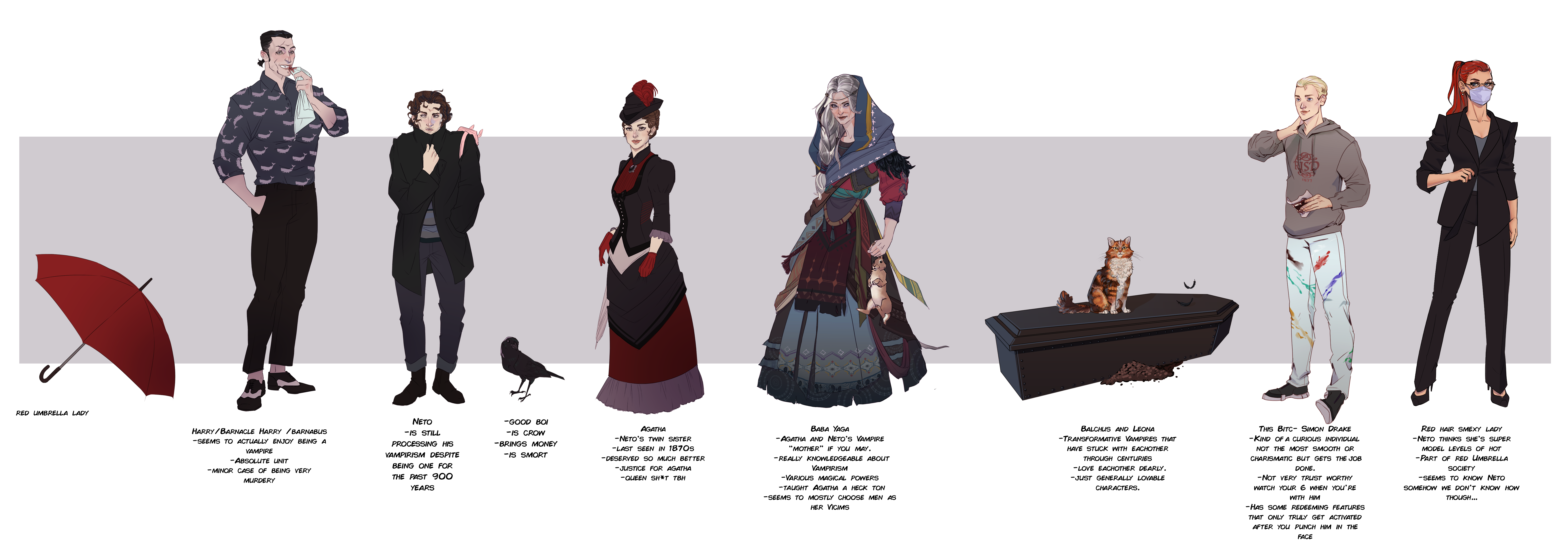 A drawing by Strawberry7 (https://strawberry7.carrd.co/) featuring some of the characters from The Diaries of Netovicius the Vampire including the Red Umbrella Lady, Harry, Neto, Good Boi, Agatha, Baba Yaga, Balchus and Leona, Simon Drake, and Red Hair Smexy Lady.